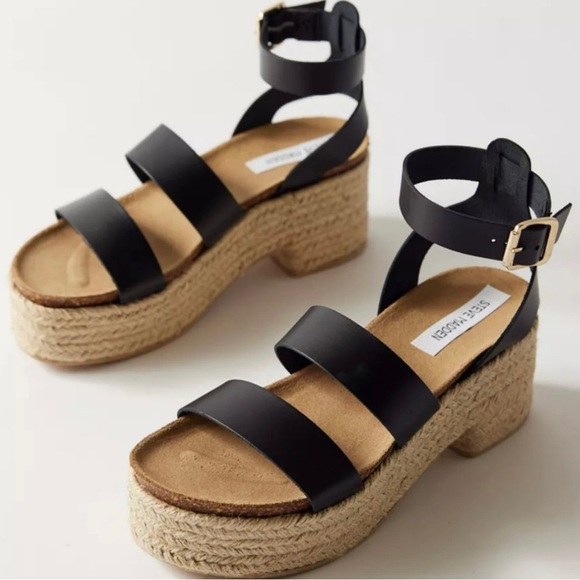 NIB Steve Madden Kelton Espadrille Platform Ankle Strap Sandal Black Leather 8 - Picture 9 of 13